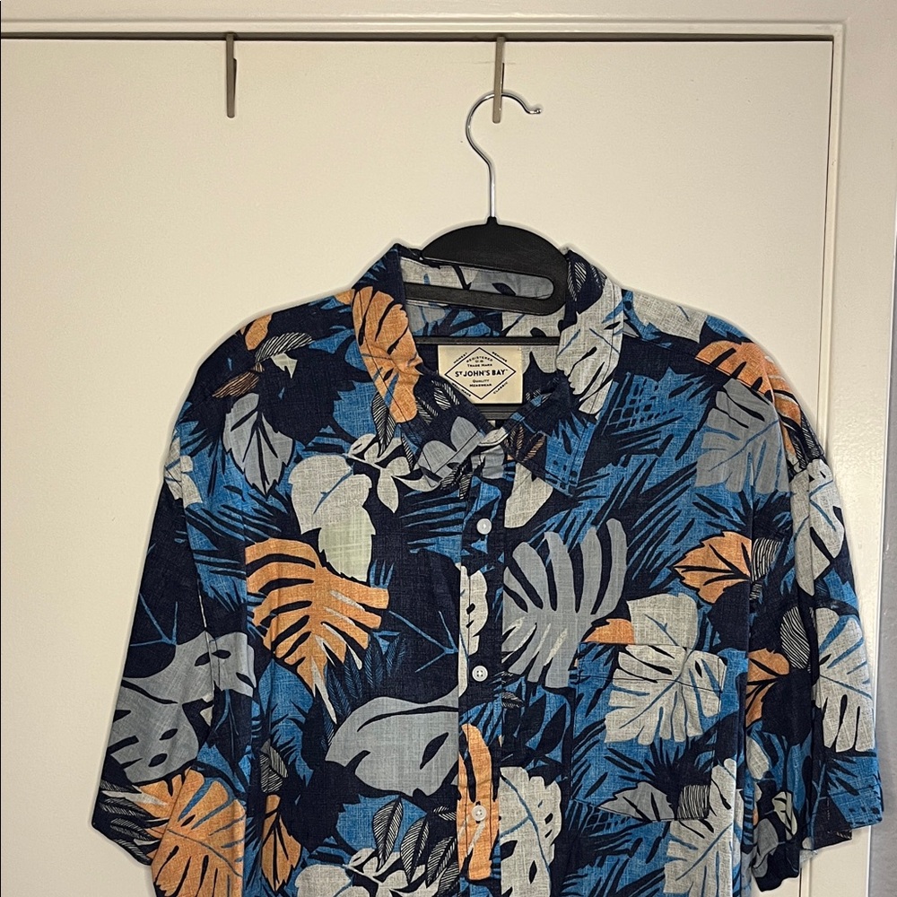 St Johns Bay  Men's Leaf Print Shirt - Blue and Orange